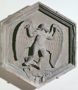 The Art of Flight, Daedalus, hexagonal decorative relief tile from a series depicting the practitioners of the Arts and Sciences, possibly based on designs by Giotto